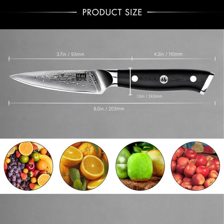 SHAN ZU 4 Inch Paring Knife, Japanese Steel Damascus Professional Kitchen Knives High Carbon Super Steel Carving Knife with Gift Box | Blade made of 67 layers of Damascus steel