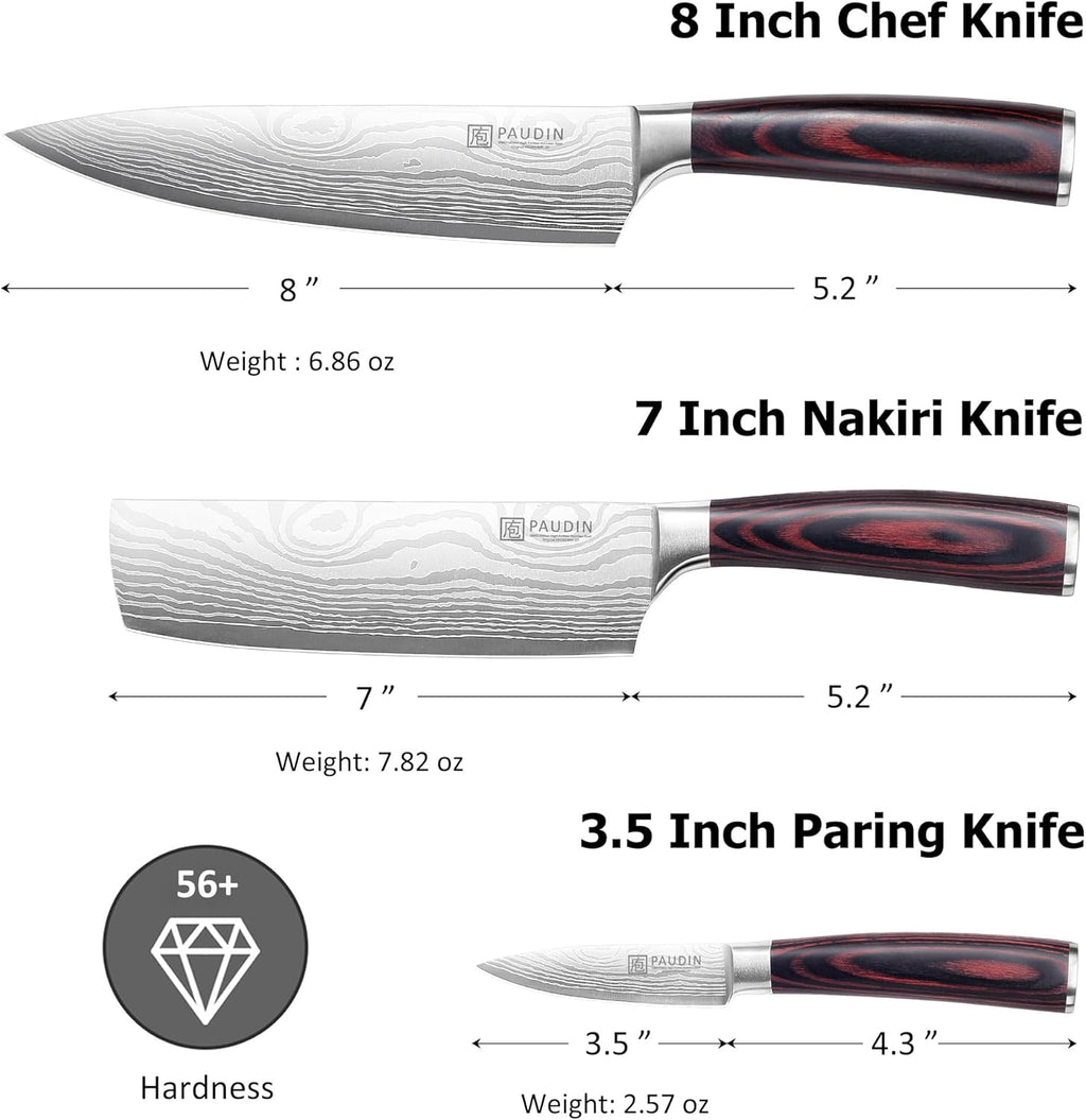 PAUDIN Professional Chef Knife Set, 3-Piece High Carbon Stainless Steel Kitchen Knives