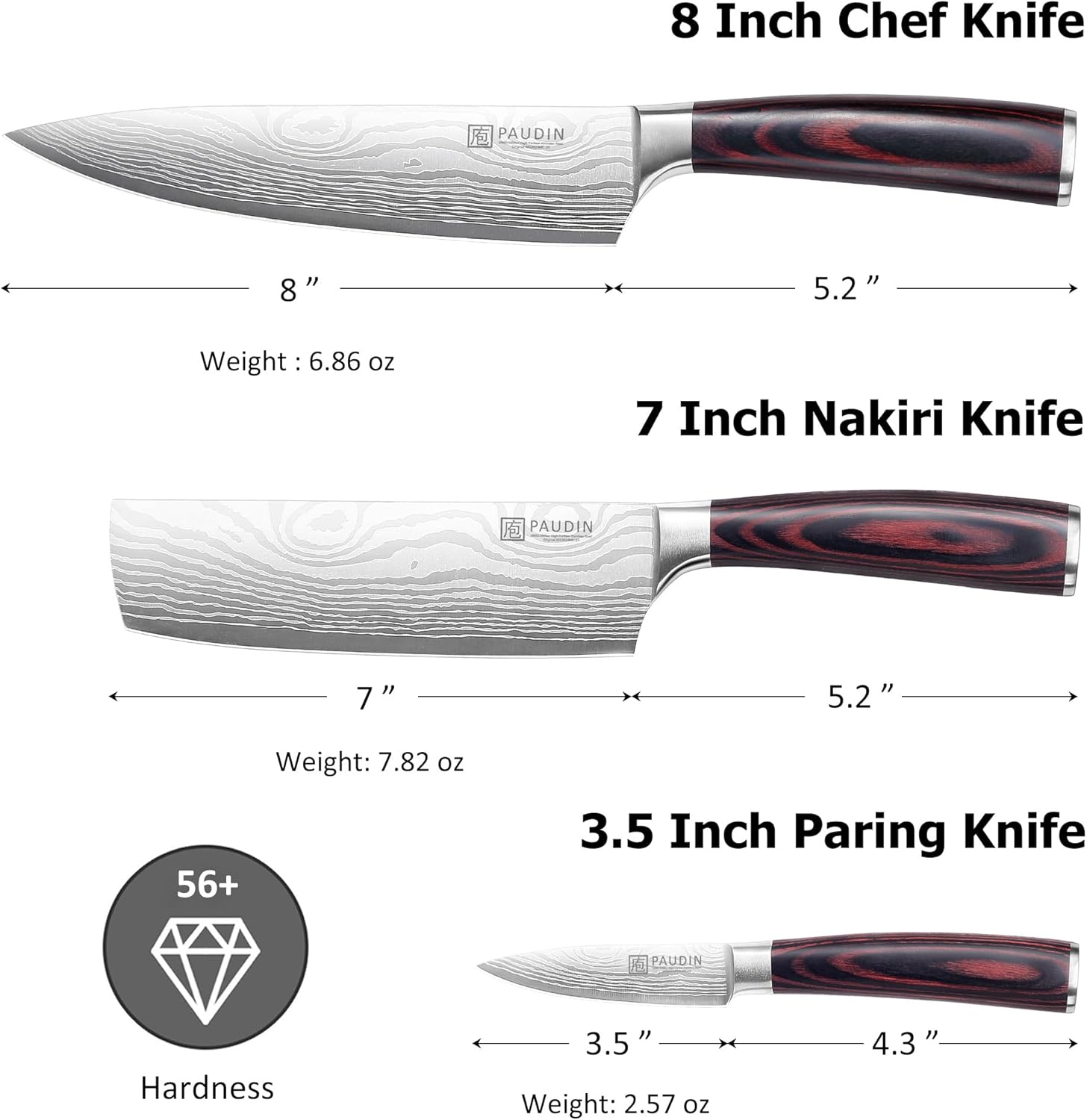 PAUDIN Professional Chef Knife Set, 3-Piece High Carbon Stainless Steel Kitchen Knives