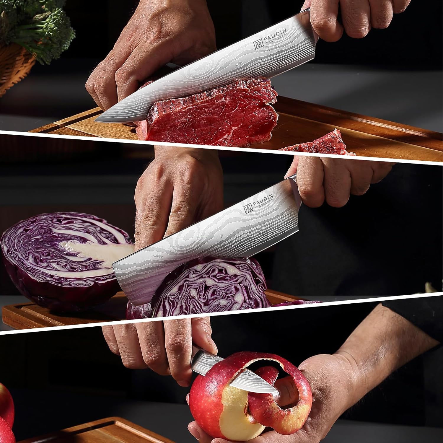 PAUDIN Professional Chef Knife Set, 3-Piece High Carbon Stainless Steel Kitchen Knives