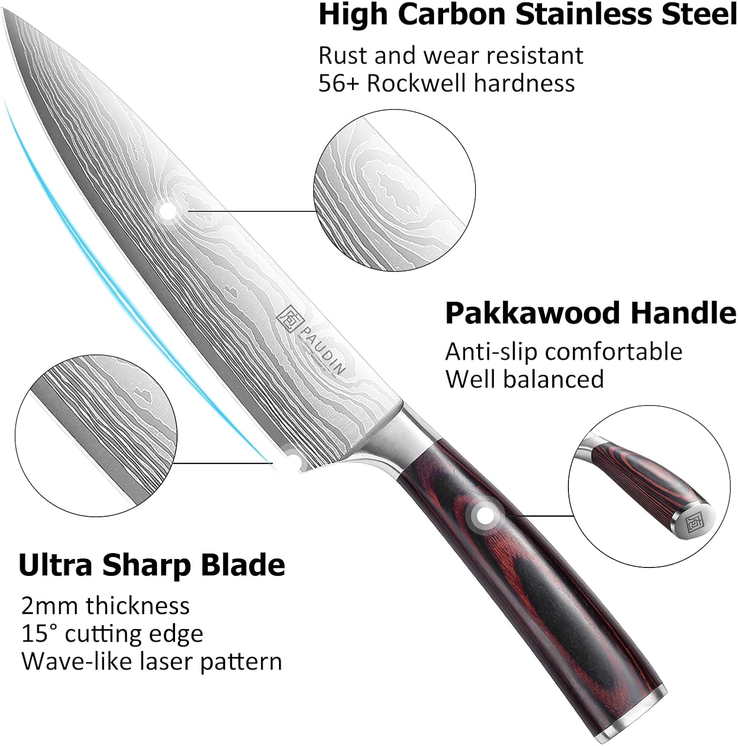 PAUDIN Professional Chef Knife Set, 3-Piece High Carbon Stainless Steel Kitchen Knives