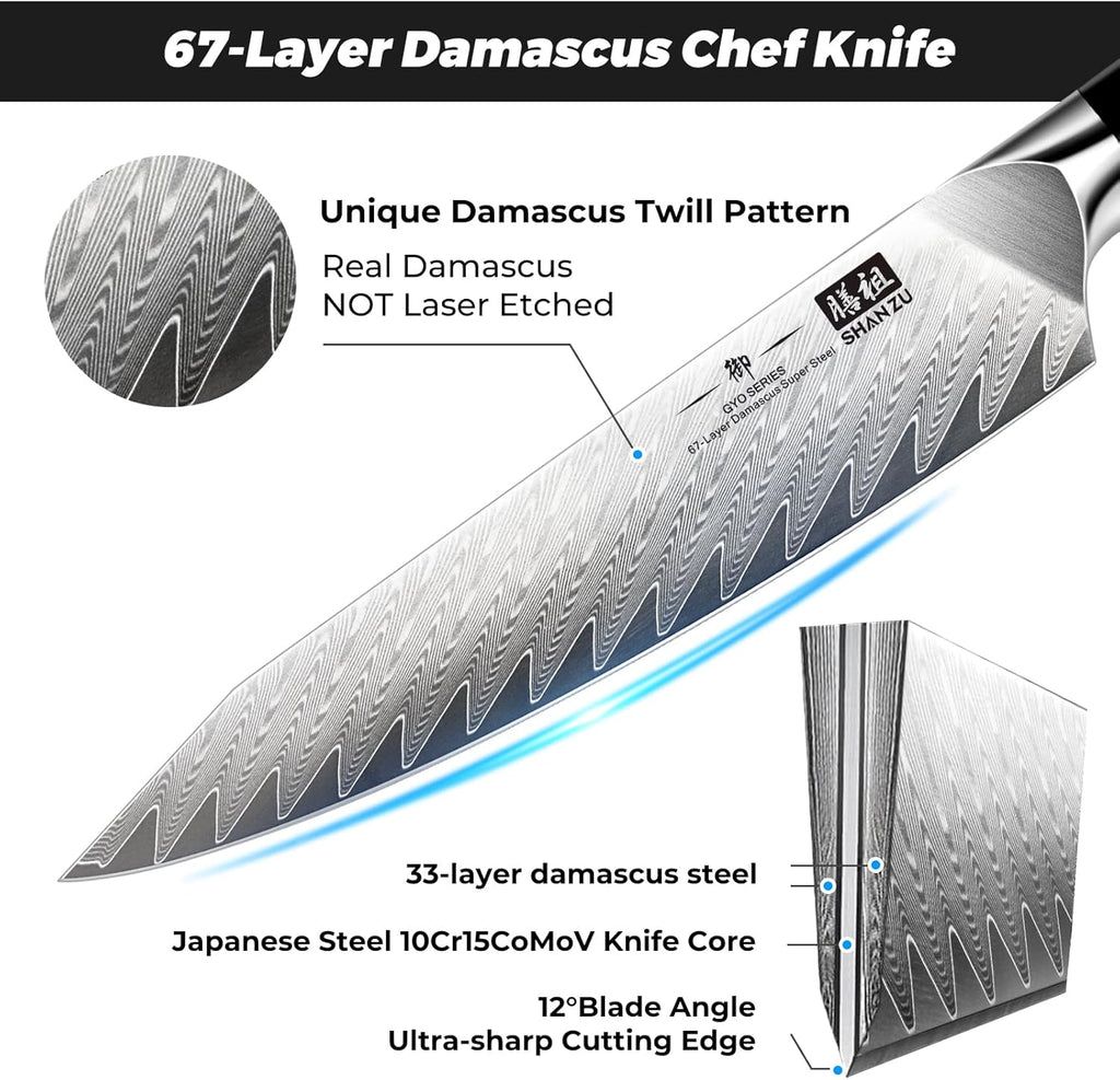 SHAN ZU Damascus Chef Knife 6 inch, 67-Layer Japanese Steel 10Cr15CoMoV Kitchen Knife, High Carbon Super Sharp Japanese Chef Knife, All Purpose Professional Kitchen Utility Petty Knives with G10 Handle
