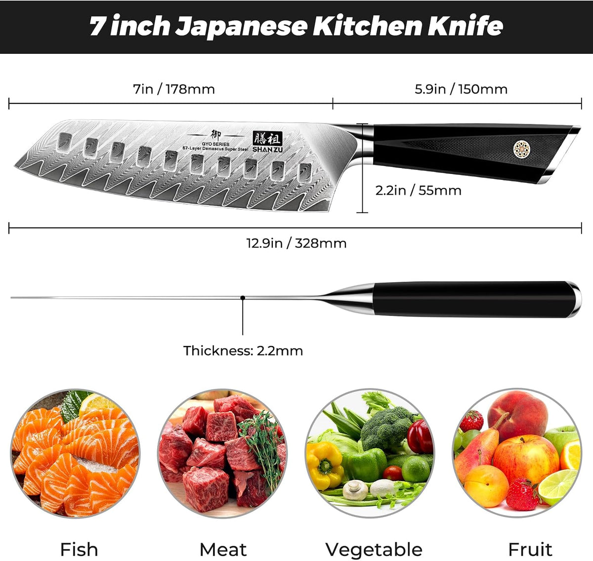 SHAN ZU Chef Knife, Kitchen Knife Santoku Chef's Knife 7 Inch Multifunction Kitchen Knives Damascus Stainless Steel & Ergonomic Fiberglass G10 Handle Best Sharp High-Carbon Knives
