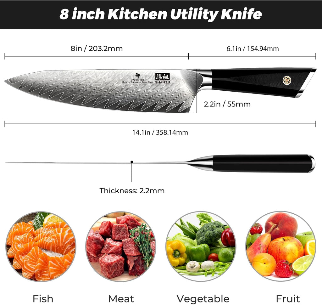 SHAN ZU Damascus Chef Knife 8 inch, 67-Layer High Carbon Steel Kitchen Knife, Ultra Sharp Japanese Chef Knife, Professional Kitchen Utility Knives with G11 Ergonomic Handle