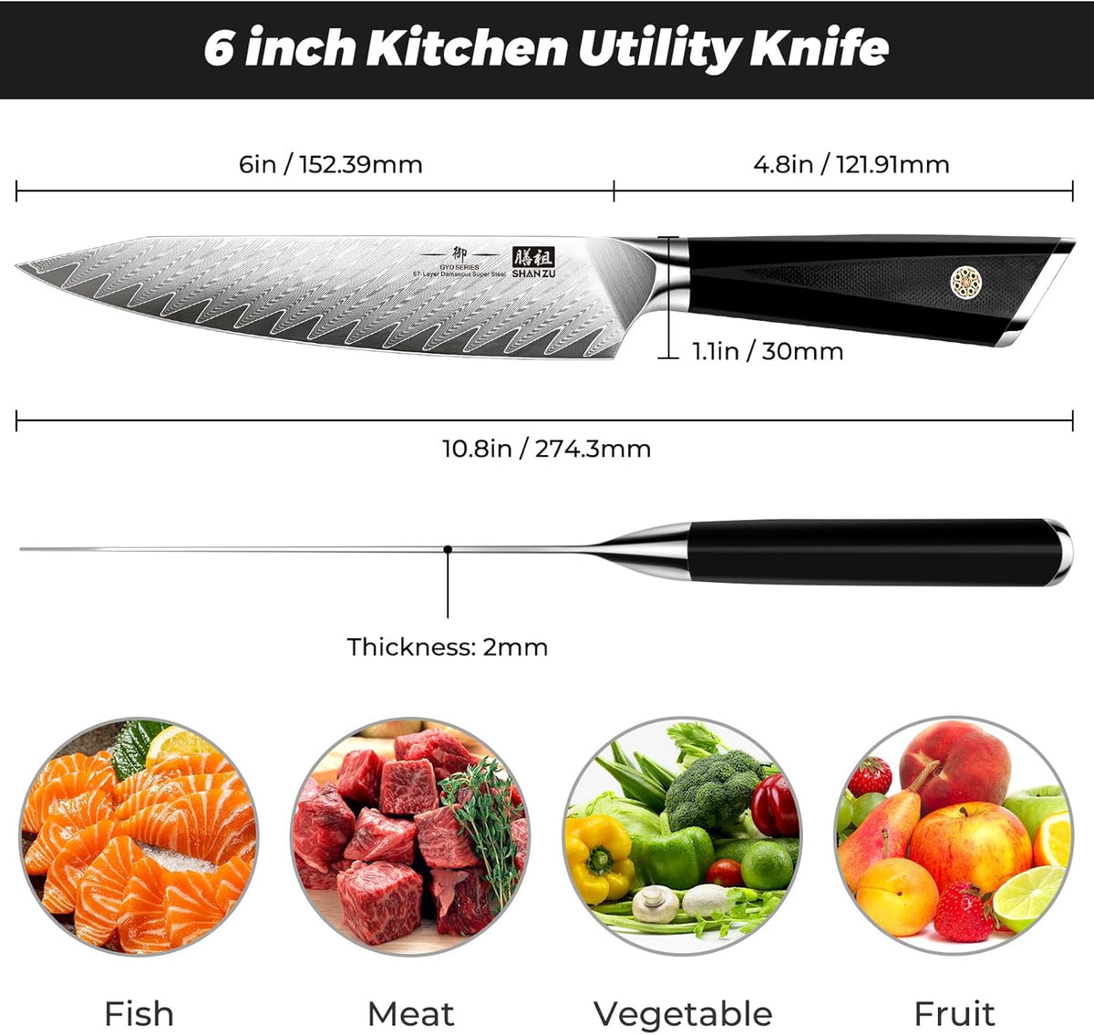 SHAN ZU Damascus Chef Knife 6 inch, 67-Layer Japanese Steel 10Cr15CoMoV Kitchen Knife, High Carbon Super Sharp Japanese Chef Knife, All Purpose Professional Kitchen Utility Petty Knives with G10 Handle