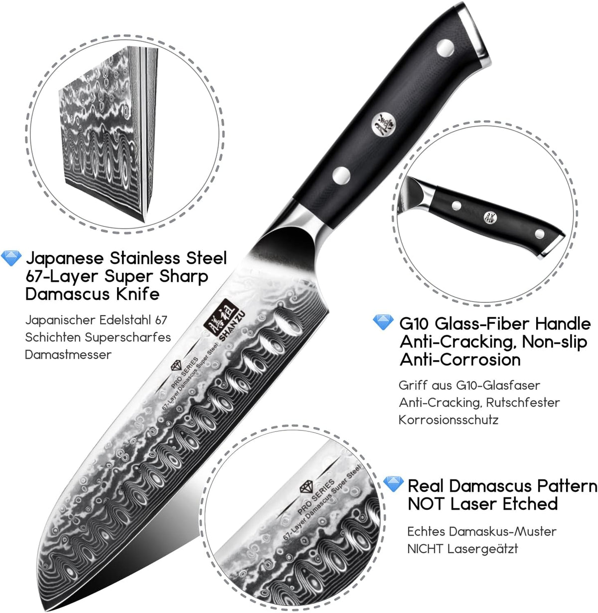 SHAN ZU Damascus Chef Knife Santoku Knife 7 Inch