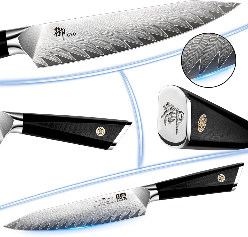 SHAN ZU Damascus Chef Knife 6 inch, 67-Layer Japanese Steel 10Cr15CoMoV Kitchen Knife, High Carbon Super Sharp Japanese Chef Knife, All Purpose Professional Kitchen Utility Petty Knives with G10 Handle