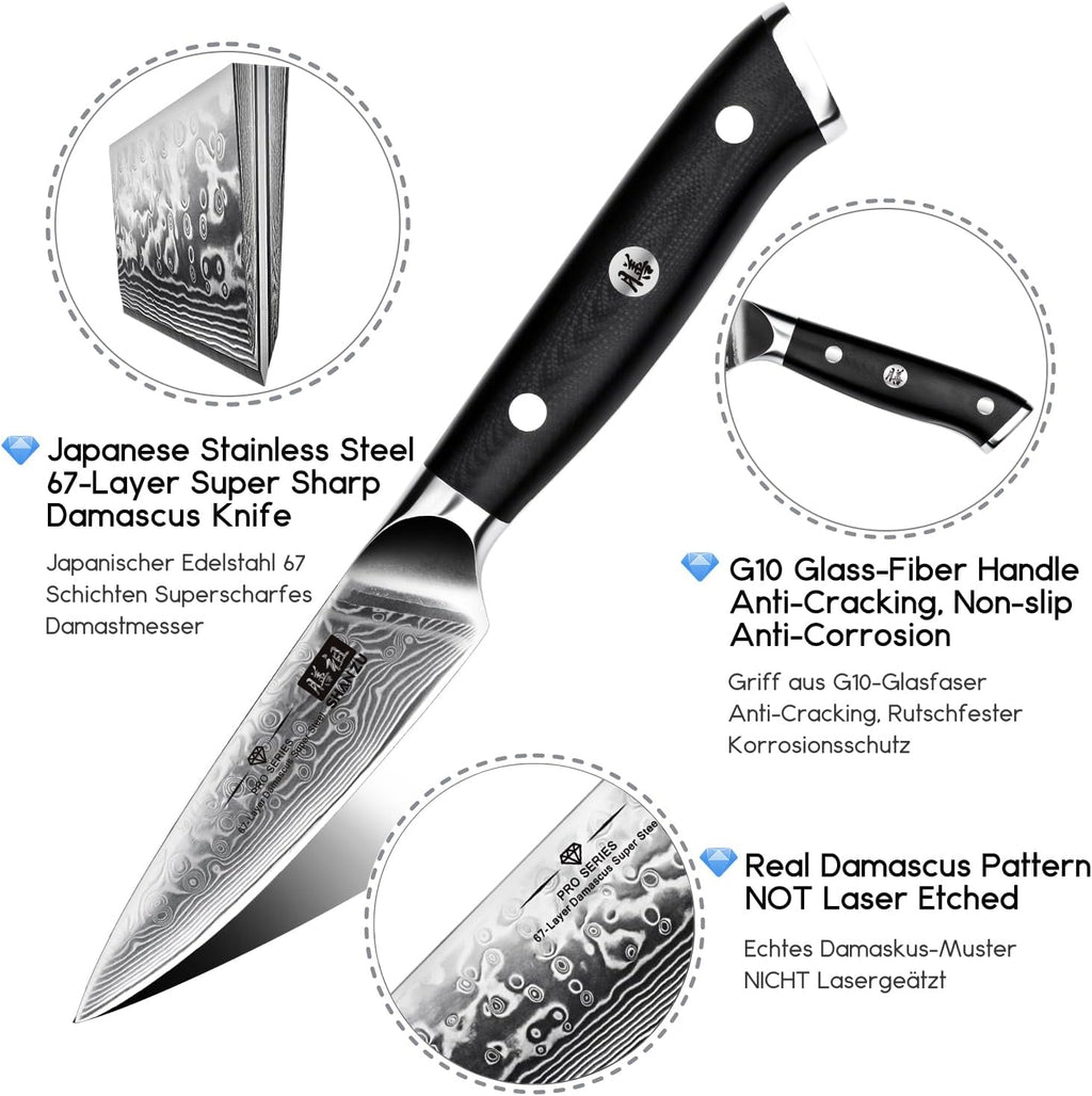 SHAN ZU 4 Inch Paring Knife, Japanese Steel Damascus Professional Kitchen Knives High Carbon Super Steel Carving Knife with Gift Box | Blade made of 67 layers of Damascus steel