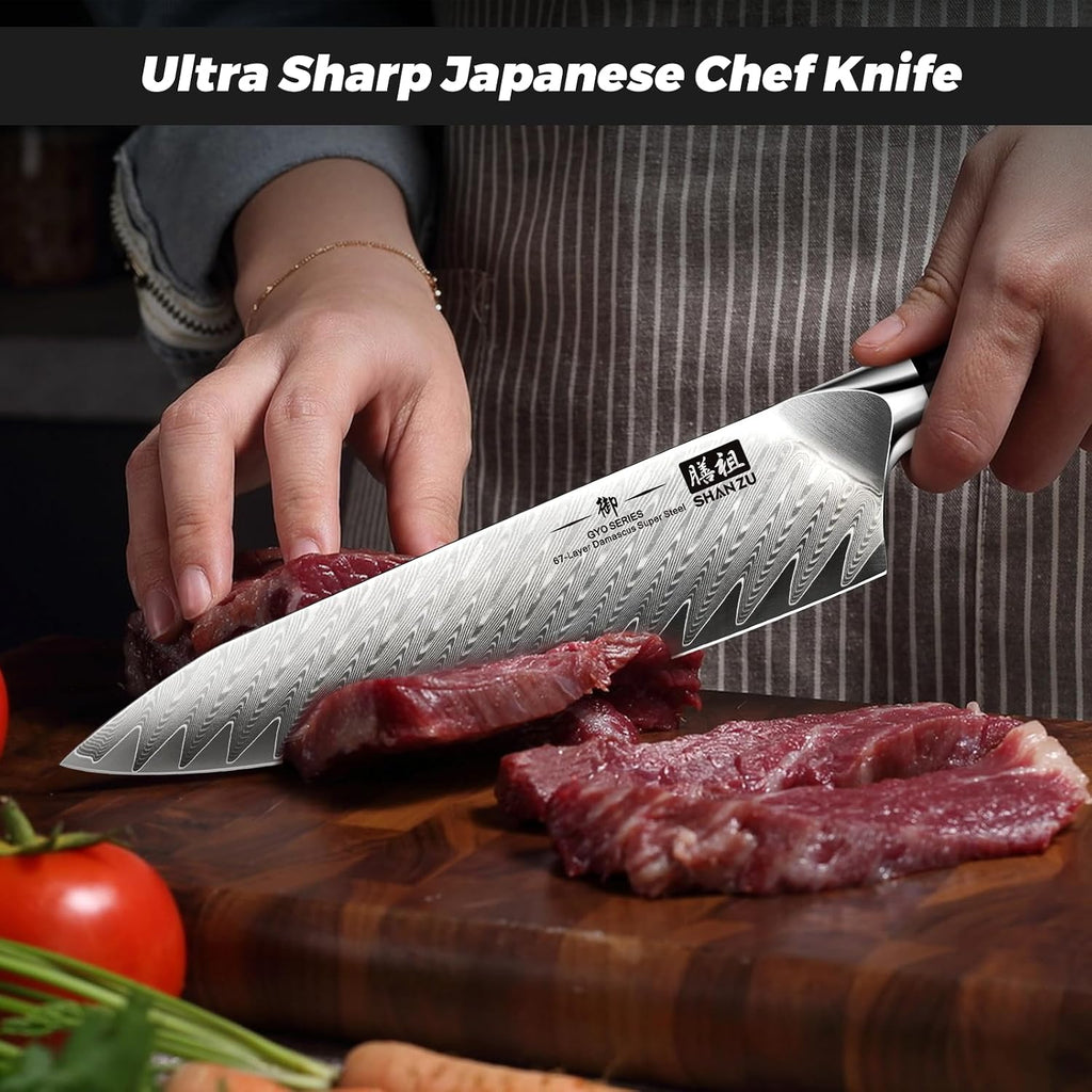 SHAN ZU Damascus Chef Knife 8 inch, 67-Layer High Carbon Steel Kitchen Knife, Ultra Sharp Japanese Chef Knife, Professional Kitchen Utility Knives with G11 Ergonomic Handle