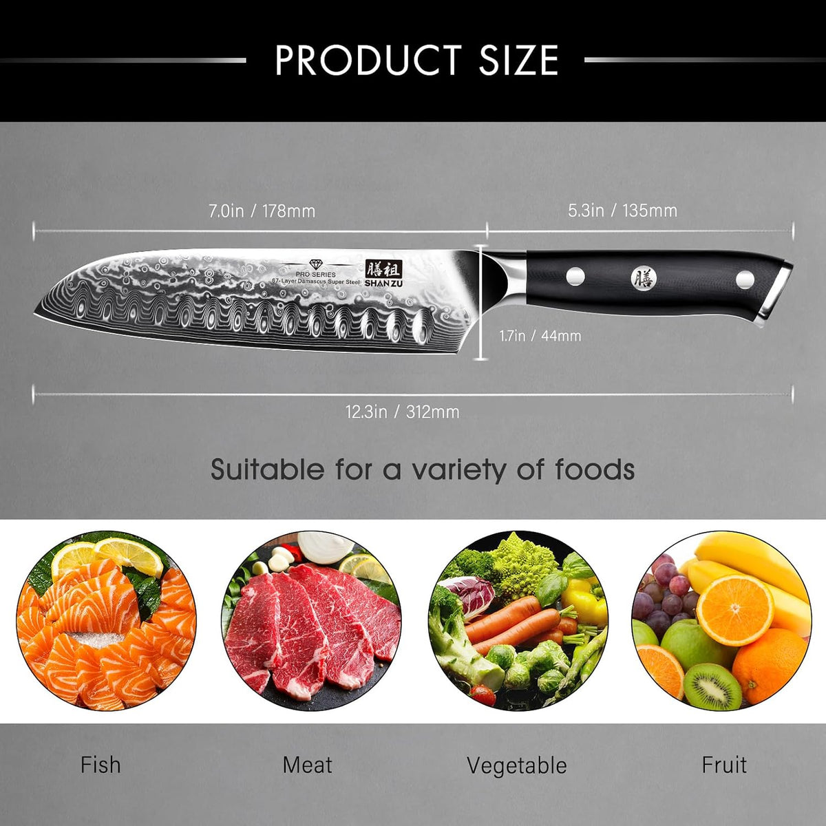 SHAN ZU Damascus Chef Knife Santoku Knife 7 Inch
