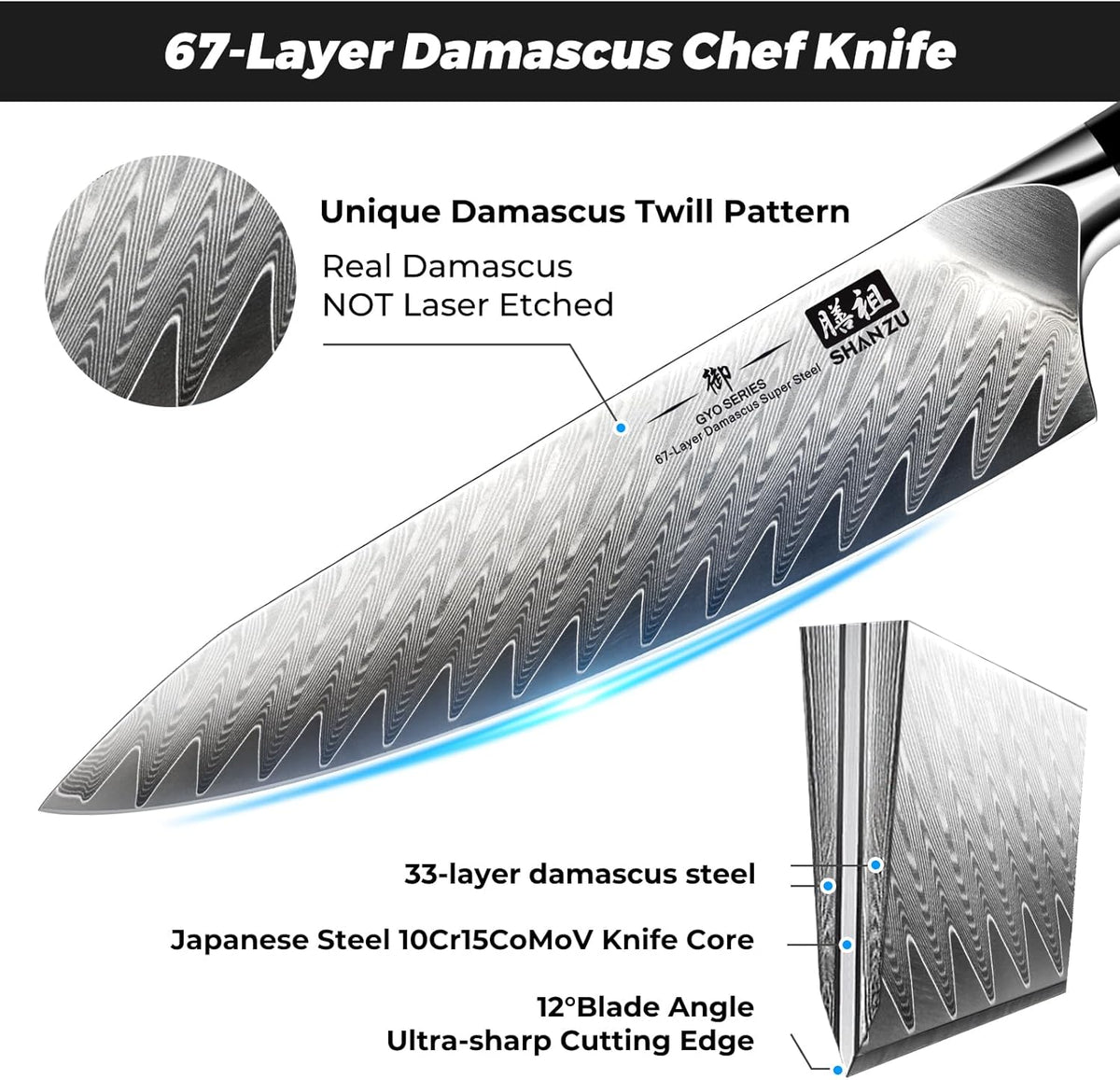 SHAN ZU Damascus Chef Knife 8 inch, 67-Layer High Carbon Steel Kitchen Knife, Ultra Sharp Japanese Chef Knife, Professional Kitchen Utility Knives with G11 Ergonomic Handle