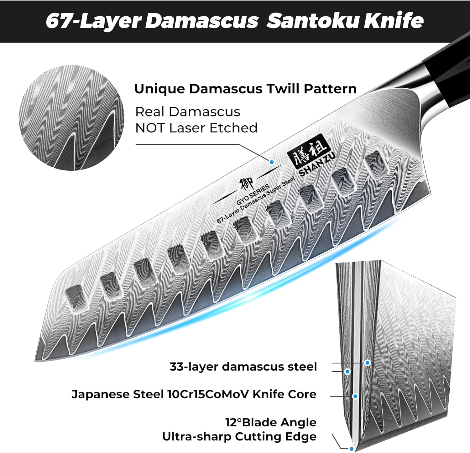 SHAN ZU Chef Knife, Kitchen Knife Santoku Chef's Knife 7 Inch Multifunction Kitchen Knives Damascus Stainless Steel & Ergonomic Fiberglass G10 Handle Best Sharp High-Carbon Knives