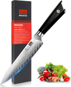 SHAN ZU Damascus Chef Knife 6 inch, 67-Layer Japanese Steel 10Cr15CoMoV Kitchen Knife, High Carbon Super Sharp Japanese Chef Knife, All Purpose Professional Kitchen Utility Petty Knives with G10 Handle