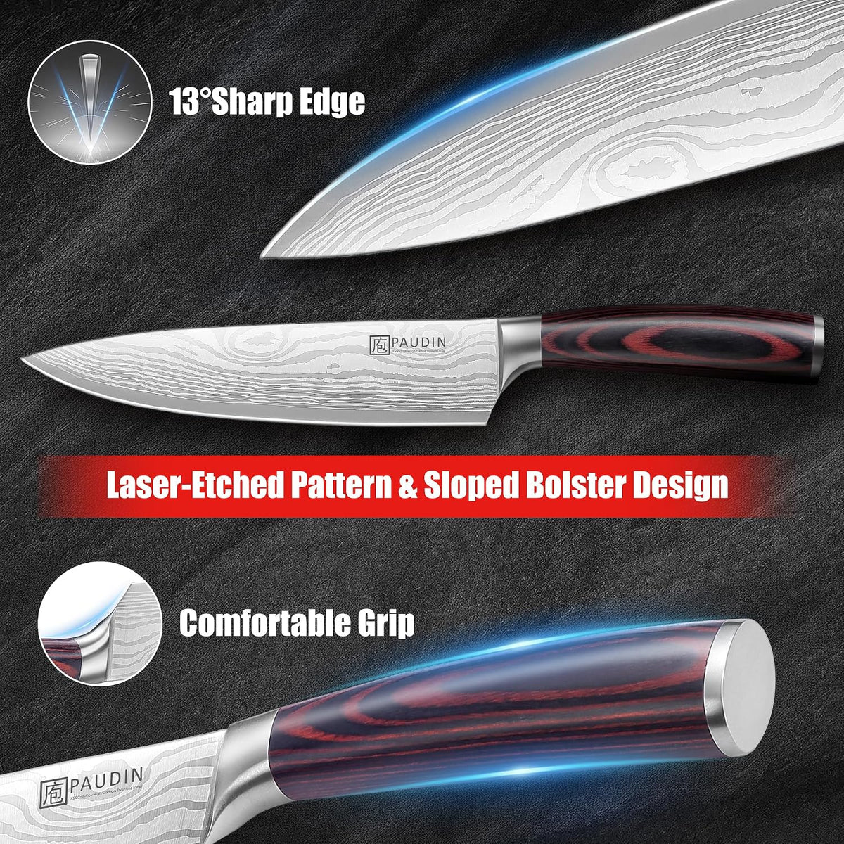 PAUDIN Chef Knife, 8 Inch High Carbon Stainless Steel Kitchen Knife | Ergonomic Handle, Ultra Sharp 5Cr15MoV, for Home Kitchen & Restaurant, Gift Box