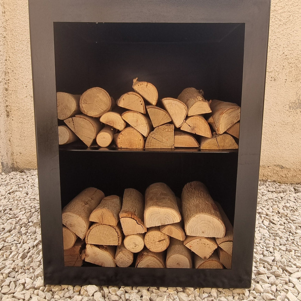 The Square Pit grill with fire lit